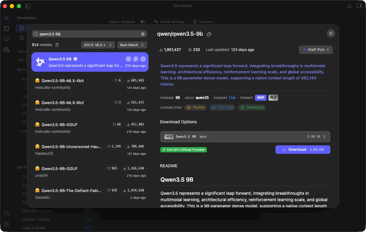 LM Studio Discover search for qwen3.5 9b, with the Qwen3.5 9B staff pick selected and its MLX 4-bit download at 5.98 GB