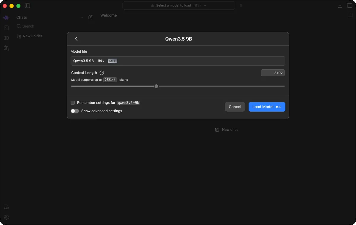 LM Studio load settings for Qwen3.5 9B 4-bit MLX, with context length set to 8192 and a note that the model supports up to 262144 tokens