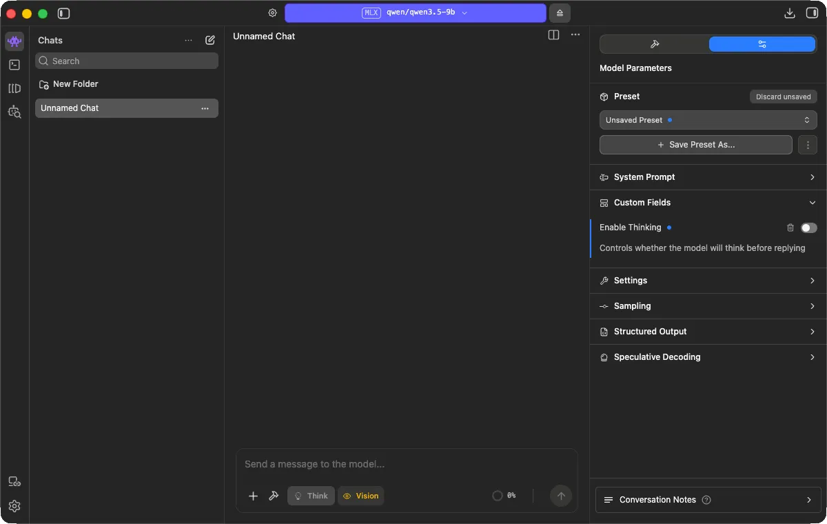 LM Studio Model Parameters panel with Enable Thinking switched off under Custom Fields
