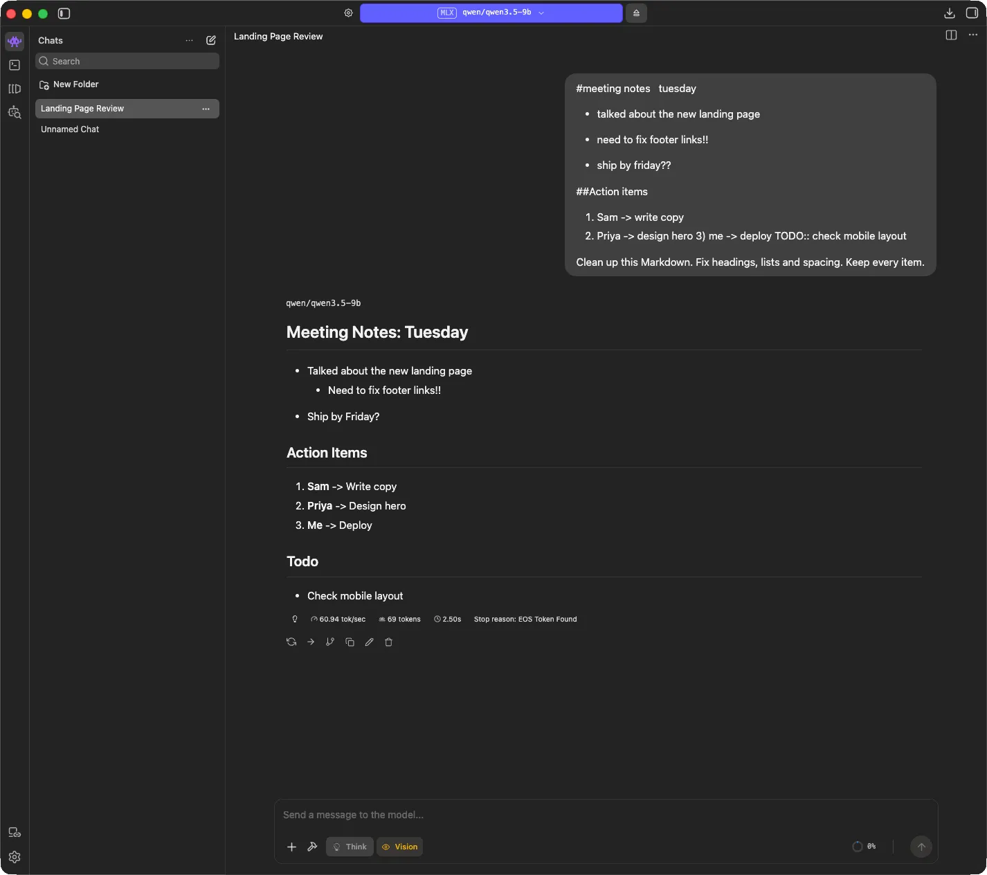 Qwen3.5 9B in LM Studio turning messy meeting notes into clean Markdown with headings, a bullet list and numbered action items, at 60.94 tokens per second