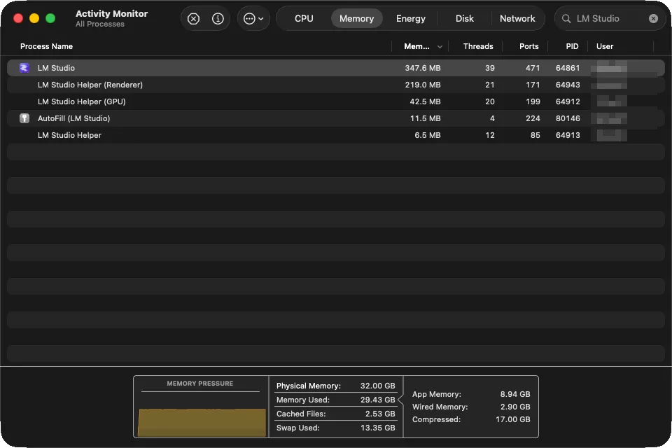 Activity Monitor Memory tab filtered to LM Studio, with 29.43 GB of 32 GB memory used, 13.35 GB of swap, and the Memory Pressure graph at the bottom