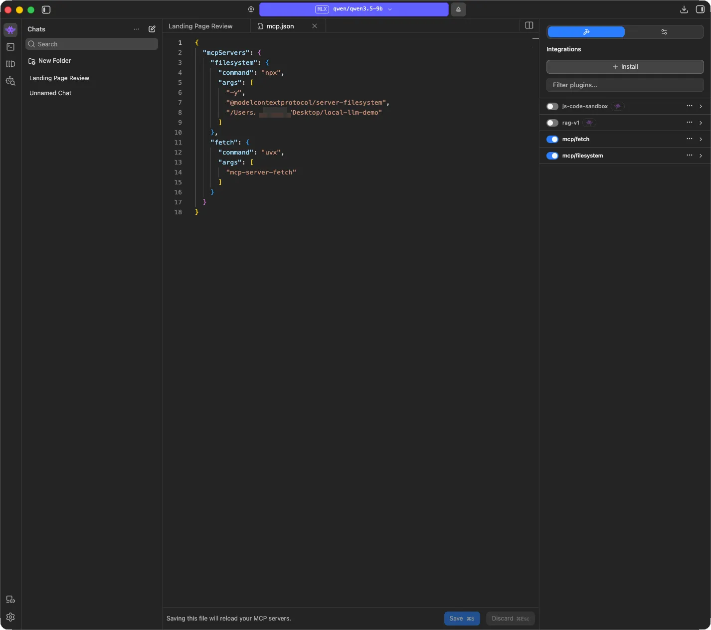 LM Studio mcp.json editor with the filesystem and fetch servers, and both switched on under Integrations