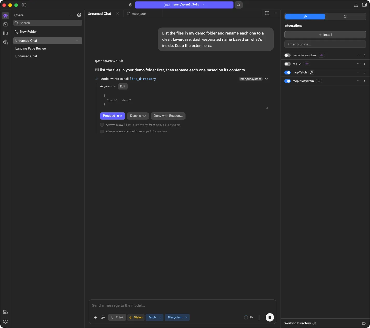 LM Studio asking to confirm a list_directory call from mcp/filesystem with the path argument set to demo, with Proceed, Deny and Always allow options