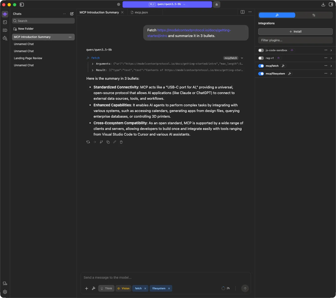 Qwen3.5 9B calling the fetch tool on the MCP introduction page and answering with a 3-bullet summary
