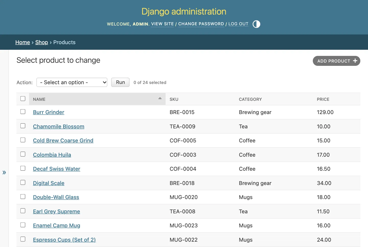 The Django admin product list with columns for name, SKU, category and price. Every product has a SKU such as BRE-0015 or TEA-0009.