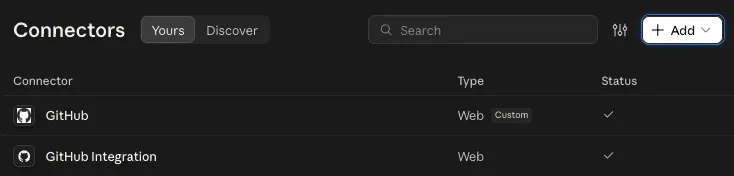 The claude.ai Connectors page with the Add button at the top right and a custom GitHub connector listed above the GitHub Integration