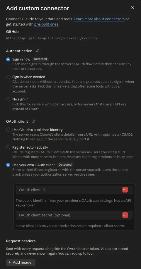 The second step of claude.ai’s Add custom connector dialog with Sign in now and Use your own OAuth client picked and tagged Detected, and an Add header button under Request headers