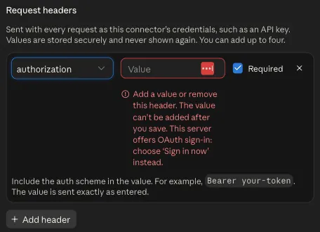 claude.ai’s Request headers section with authorization picked from the list, an empty value, a Required checkbox, and a hint to include the auth scheme, such as Bearer your-token