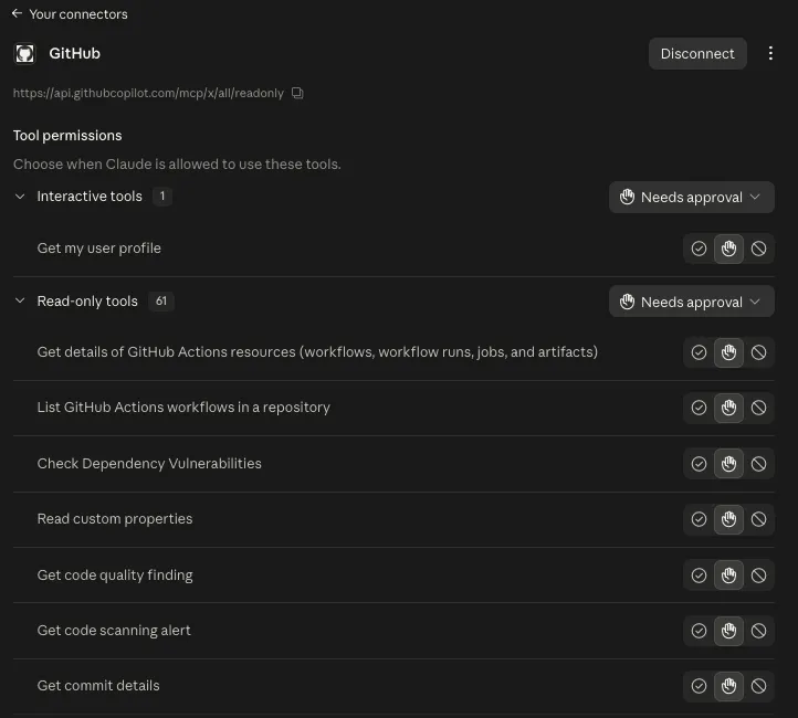 The GitHub connector’s tool permissions in claude.ai, with 1 interactive tool and 61 read-only tools, all set to Needs approval