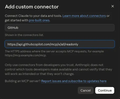 claude.ai’s Add custom connector dialog with the name GitHub and the server URL for GitHub’s read-only MCP server