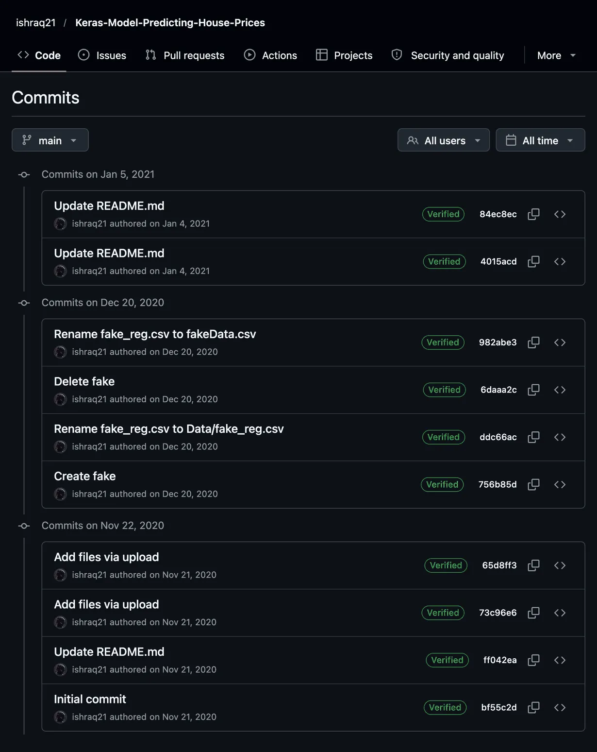 GitHub commit history for the Keras-Model-Predicting-House-Prices repo in dark mode, with December 20, 2020 commits that move fake_reg.csv into Data and rename it fakeData.csv, below README updates from January 2021 and above the first uploads from November 2020