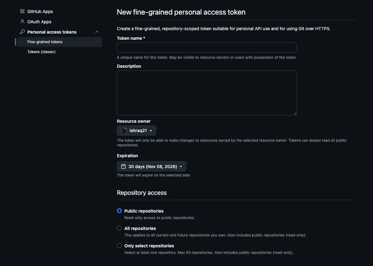 GitHub’s new fine-grained personal access token form with a 30-day expiration and Public repositories selected under Repository access