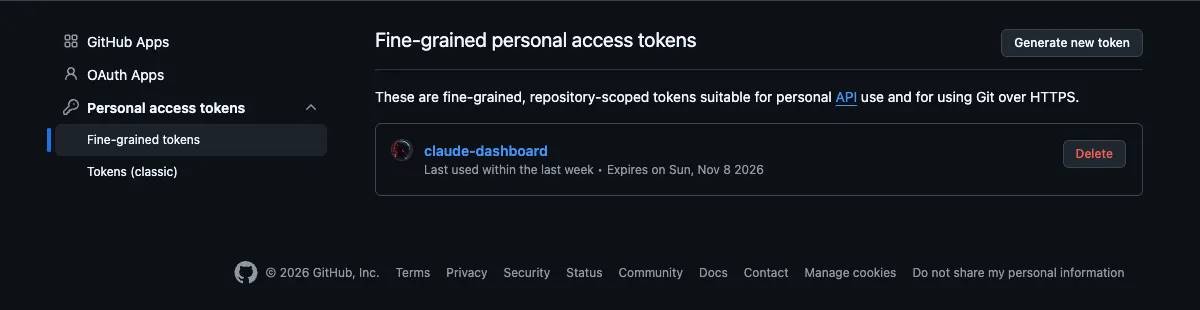 GitHub’s Developer settings with Fine-grained tokens selected in the sidebar and the Generate new token button at the top right