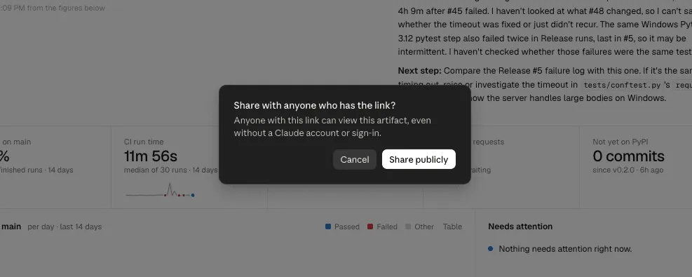 claude.ai’s confirmation before sharing publicly, saying anyone with the link can view the artifact, even without a Claude account or sign-in