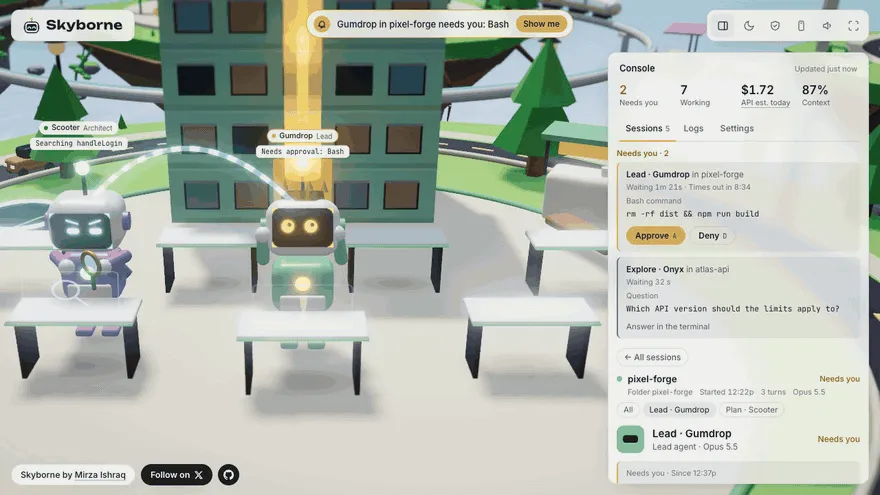 A Skybot named Gumdrop at its desk under an amber beam, next to the console’s Needs you card asking to approve the Bash command rm -rf dist and npm run build