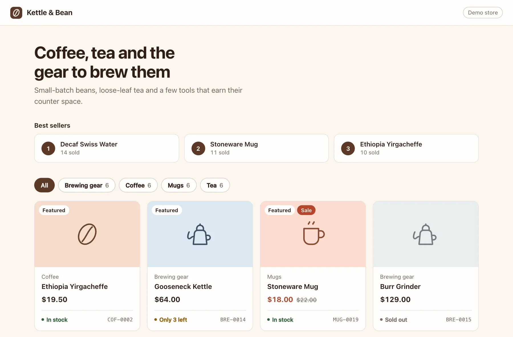 The finished Kettle and Bean demo store. A headline reads Coffee, tea and the gear to brew them, above three best sellers, category filters and product cards with prices, stock levels and SKU codes.