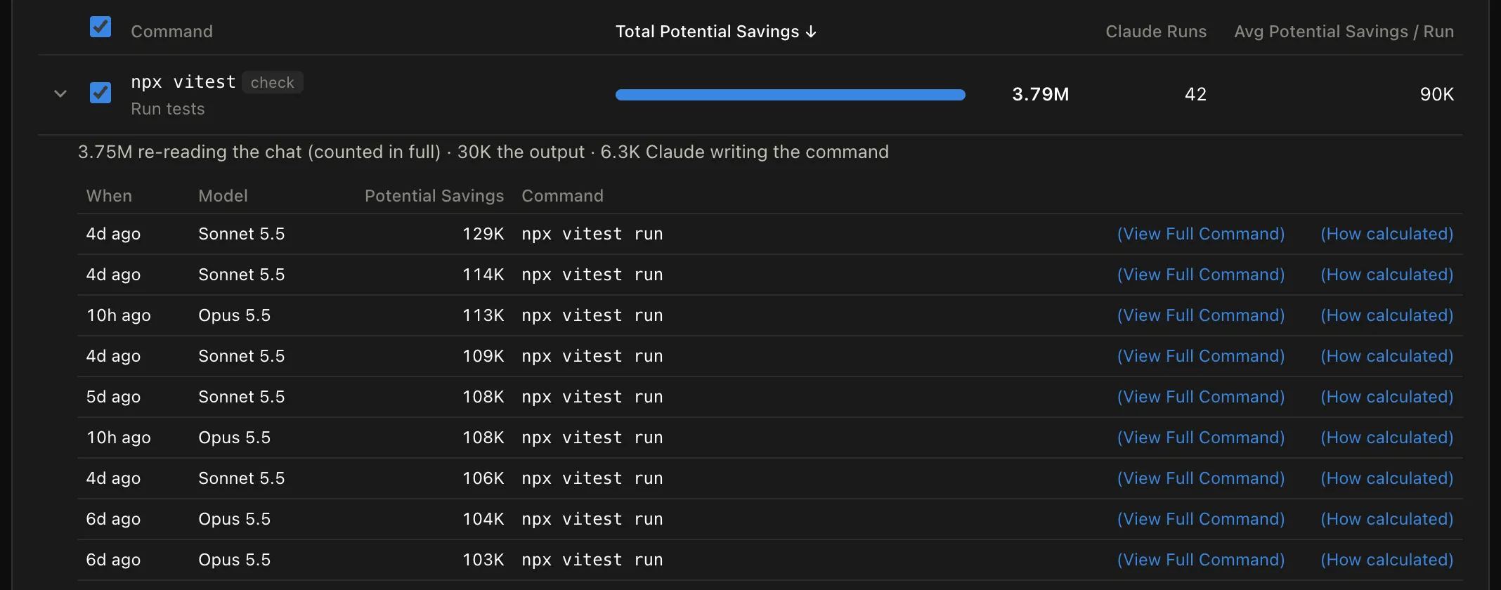 One opened command row in the tracer, splitting its total into re-reading the chat, the output, and Claude writing the command